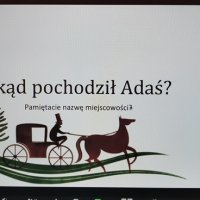 Zdjęcie ekranu komputera, na którym widać slajd z prezentacji przygotowanej przez autora, widać drzewa i powóz z woźnicą i koniem.