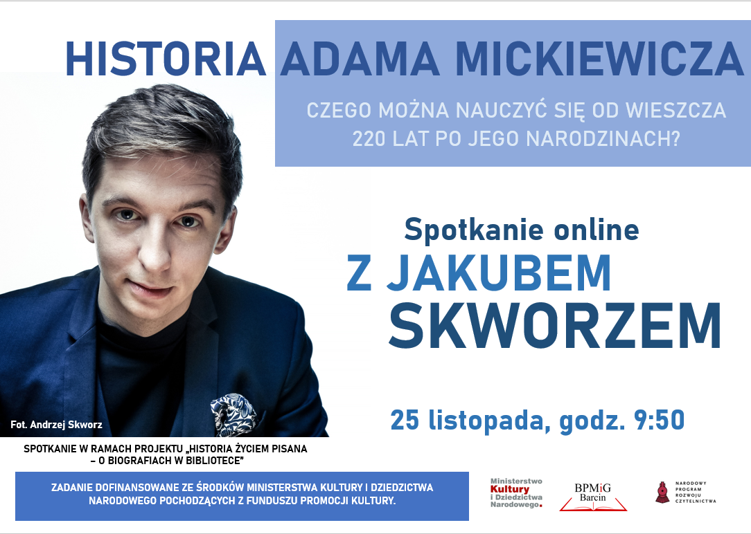 Plakat informujący o spotkaniu z Jakubem Skworzem - treść plakatu znajduje się wewnątrz artykułu