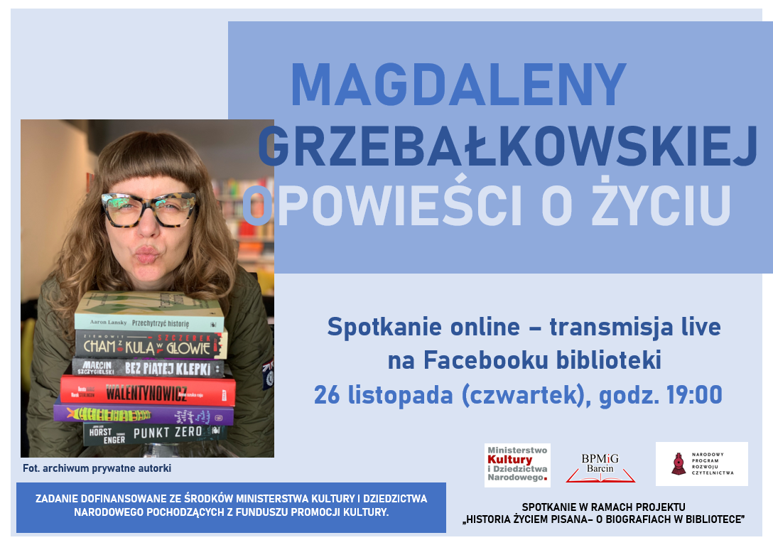 Plakat informujący o spotkaniu z Magdaleną Grzebałkowską - treść plakatu znajduje się wewnątrz artykułu