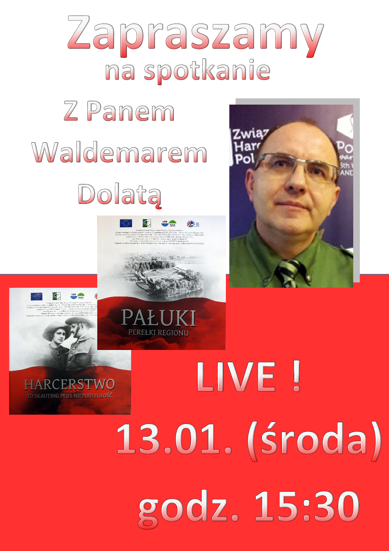 Plakat informujący o transmisji na żywo na Facebooku