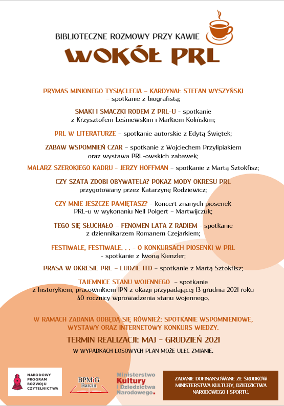 Plakat informujący o projekcie Biblioteczne rozmowy przy kawie wokół PRL 