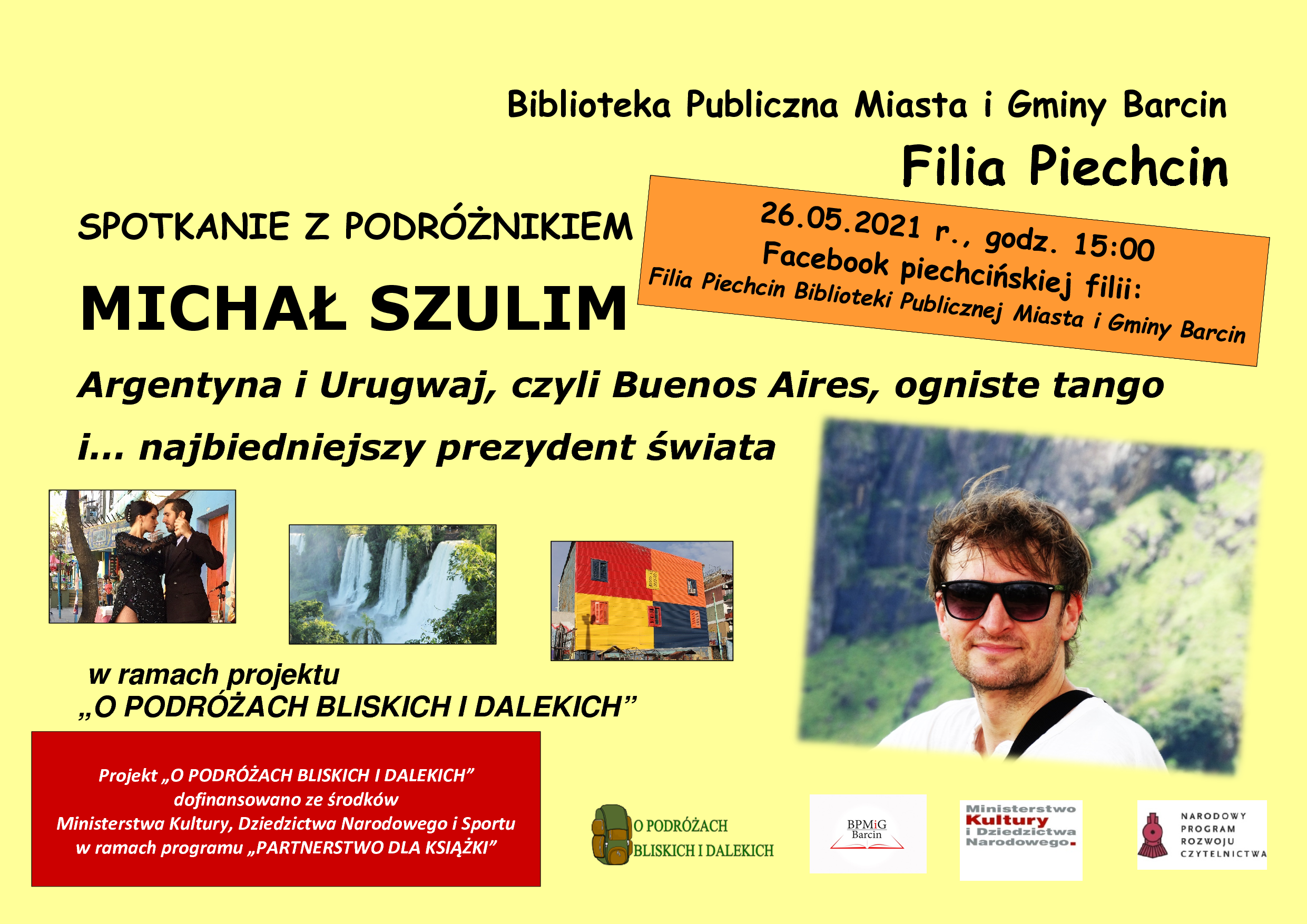 Plakat zapraszający naspotkanie online z Michałem Szulimem