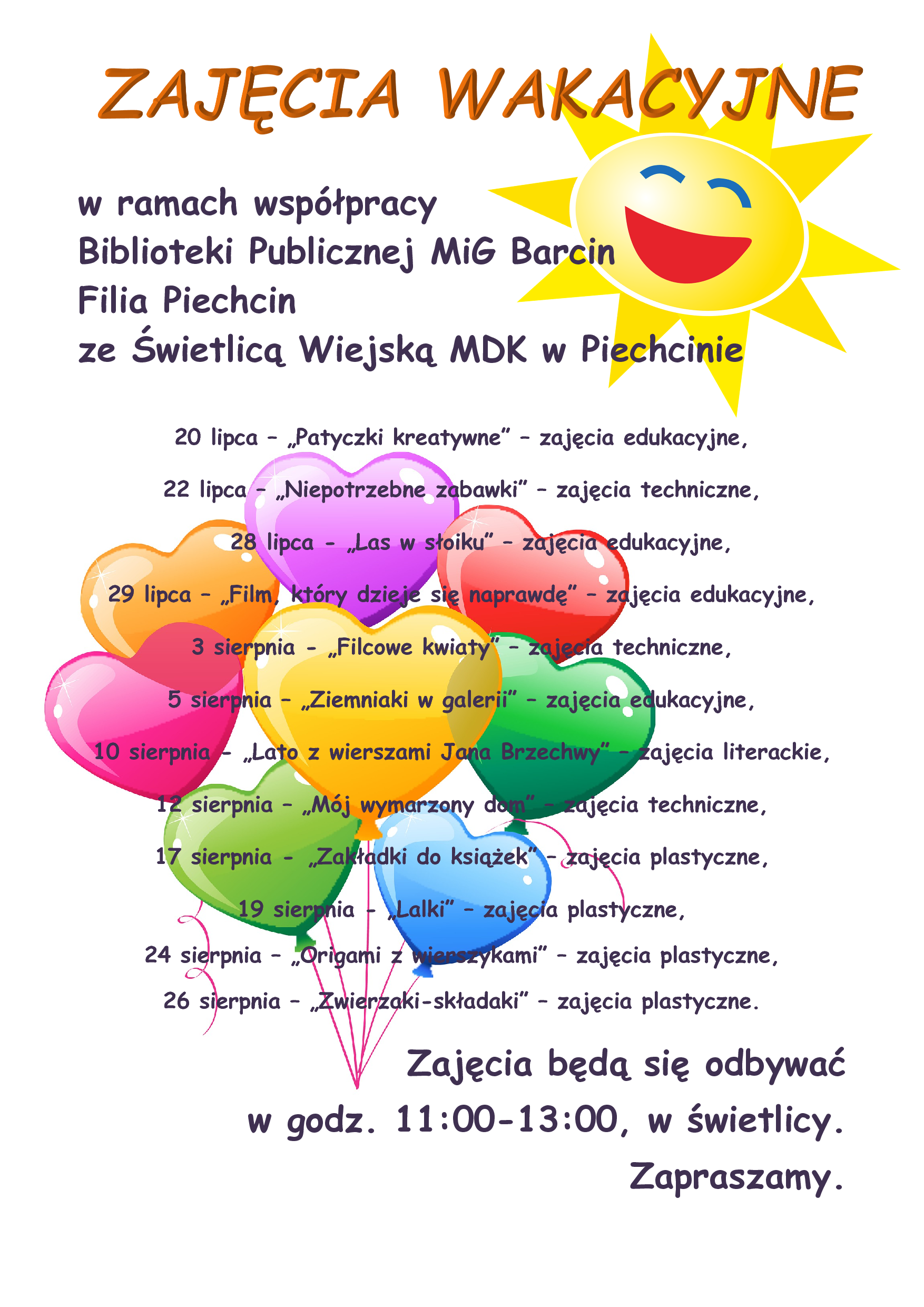 Plakat informujący o zajęciach wakacyjnych w piechcinie