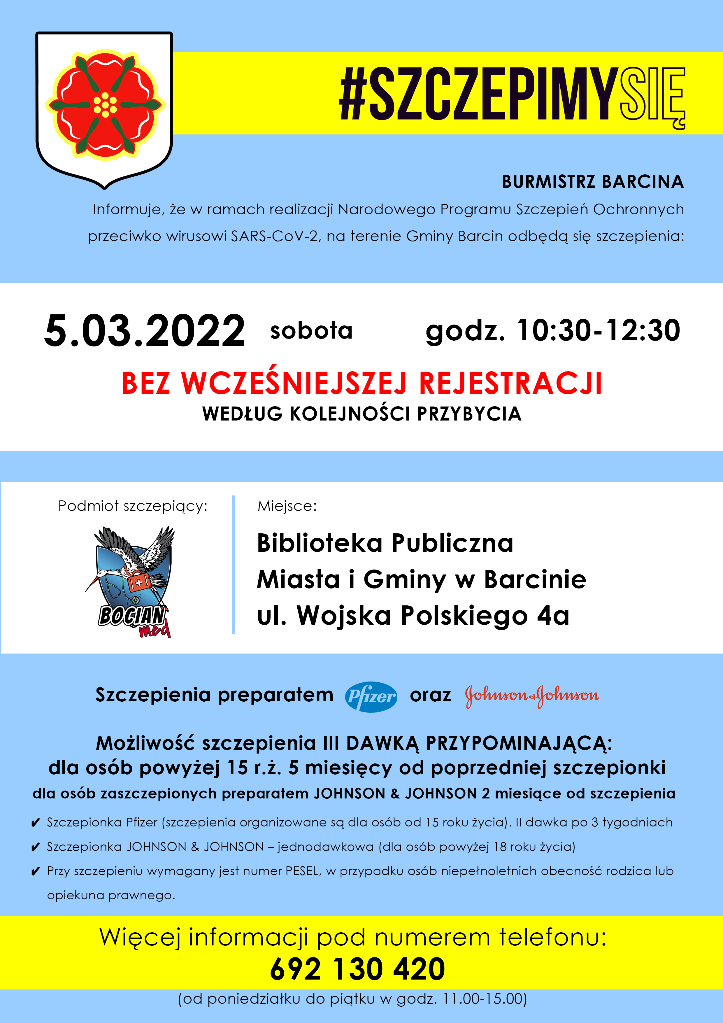 plakat informujący o szczepieniu w dniu 05.03.2022