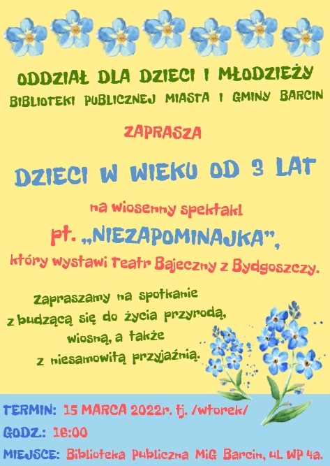 plakat informujący o pzredstawieniu dla dzieci w bibliotece głównej