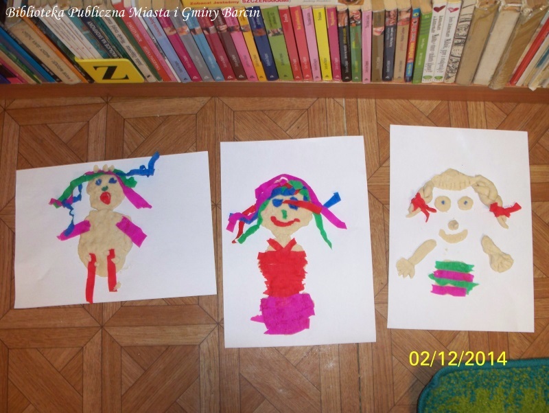 prace plastyczne wykonane na spotkaniu, przedstawiają postać dziewczynki, prace wykonane przez wyklejanie